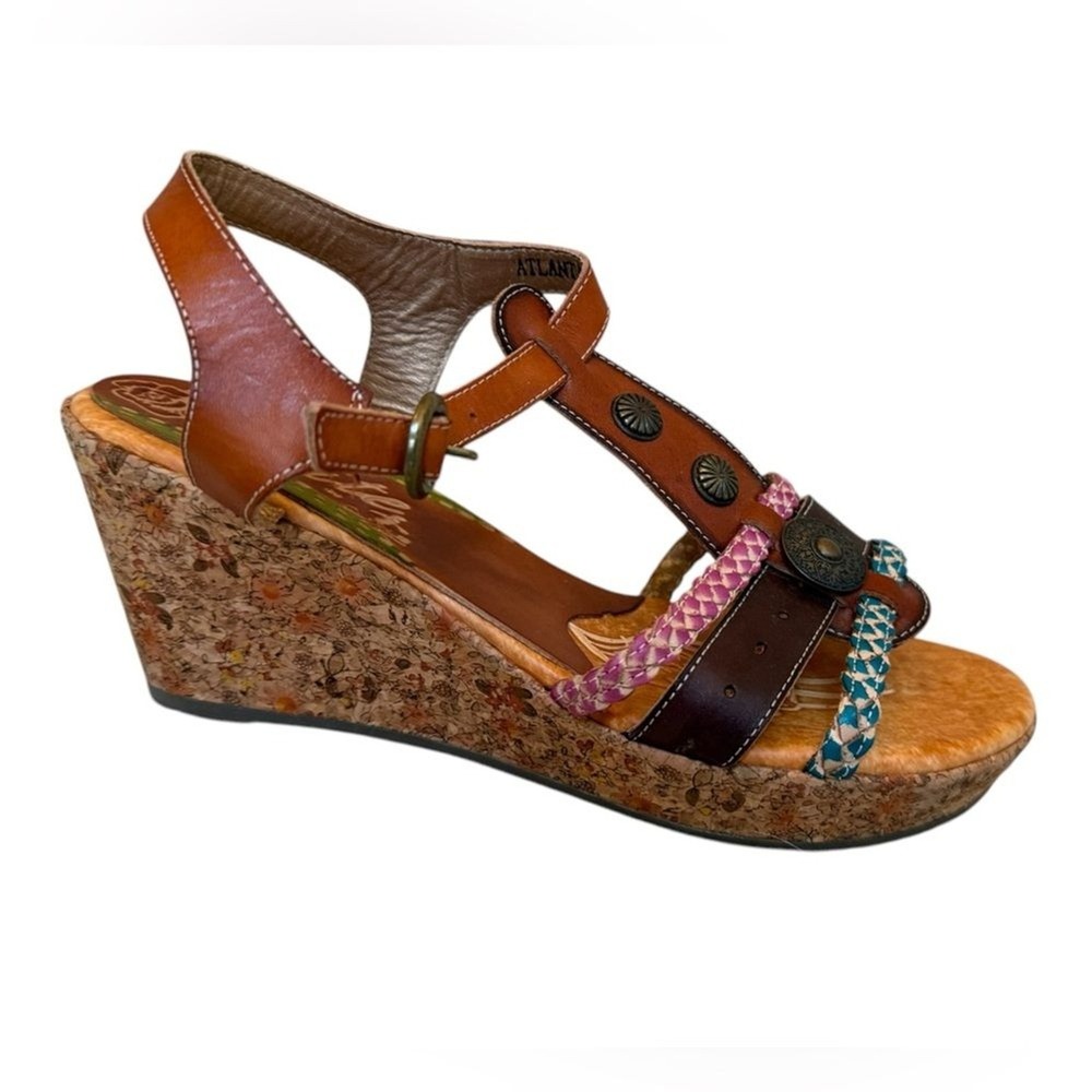Elite by LArtiste Atlantic Brown Multi Leather Floral Cork Wedge Sandals Size 10